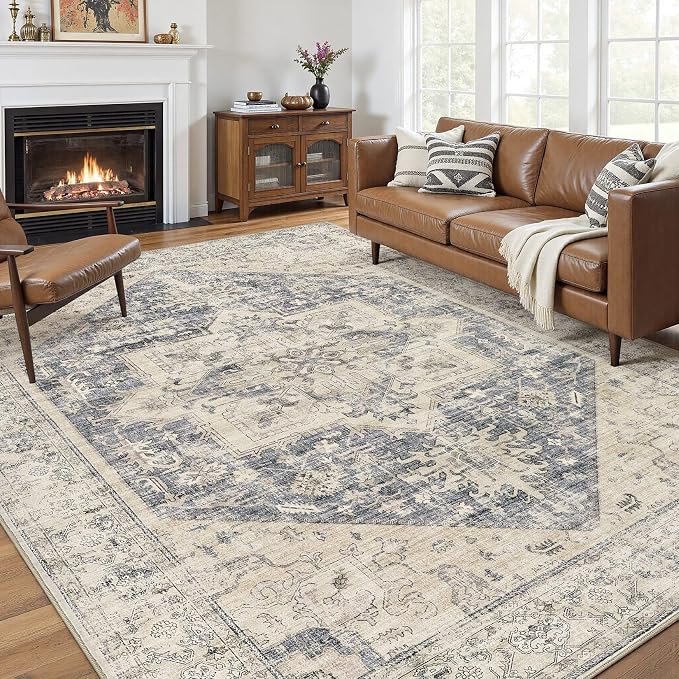 10x12 Area Rugs for Living Room - Large Carpet Ultra Thin Soft Washable Oriental Vintage Floral Distressed Big Indoor Carpets for Bedroom Nursery Dorm Home Decor Aesthetic - Blue Beige