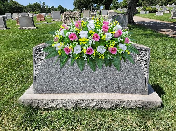 LVXINLI Artificial Cemetery Flowers Saddle-Shaped Tombstone Decorations Non-Fading UV-Resistant（Pink+White Saddle ）
