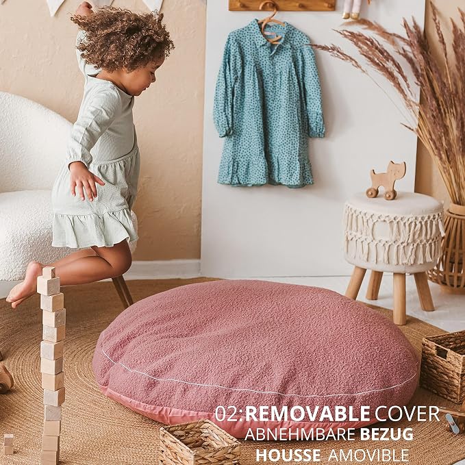 MINICAMP Large Kids Floor Cushion – Ultra Fluffy Washable Bean Bag Chair & Reading Pillow with Boucle Sherpa Cover – Soft Kids Lounger Floor Seat for Playroom, Bedroom or Nursery - Made in EU (Pink)