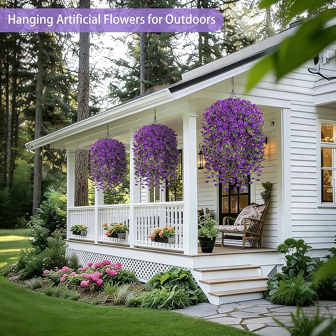 Artificial Hanging Flowers with Basket, 480 Blooms UV Resistant Faux Morning Glory Silk Plants, Fast & Easy Assembly Fake Hanging Baskets for Outdoor Porch Patio Garden Decor, Purple