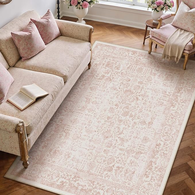 PureCozy Pink Area Rug 3x5 Office Entryway Rug Machine Washable Kitchen Vintage Distressed Non Slip Carpet Indoor Retro Floral Accent Throw Door Mat for Bathroom Bedroom Dining Living Room