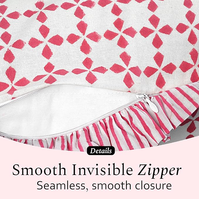 CPC Magenta Pink Hand Block Print 100% Cotton Ruffle Throw Pillow Cover 20x20 inch with Hidden Zipper Decorative for Couch, Bed, Sofa, Farmhouse, Cottagecore Decor Gift Christmas Fall Thanksgiving