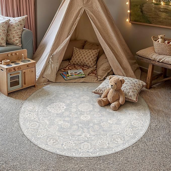 4x4 Blue Cream Washable Round Rug for Dining Room Neutral Floral Soft Non Slip Circle Rug Low Pile Distressed Carpet for Living Room Bedroom Nursery Office Indoor