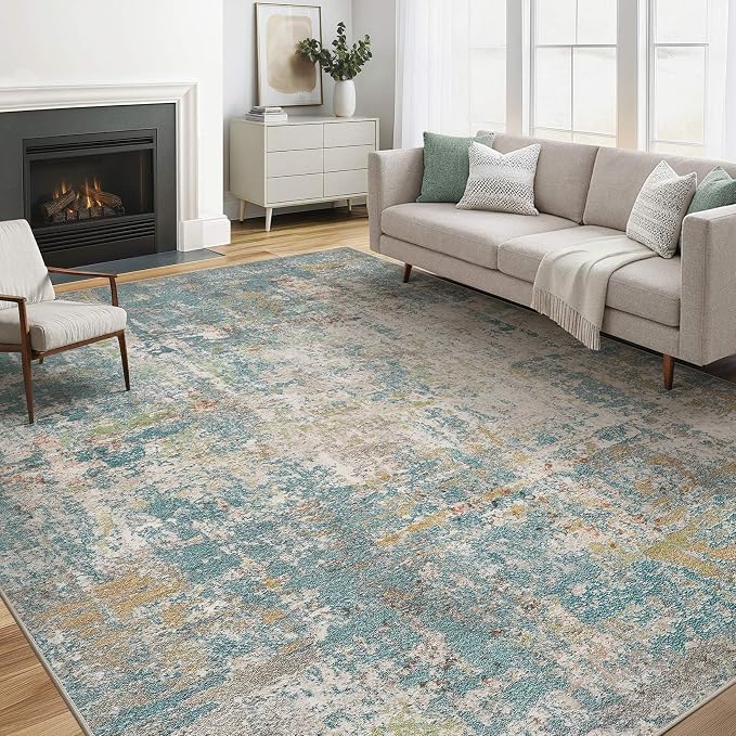 6x9 Area Rugs Living Room: Washable Large Abstract Neutral Modern Soft Rugs Stain Resistant Indoor Floor Non-Slip Accent Carpet for Bedroom Nursery Playroom Office Dining Room Home Decor- Teal