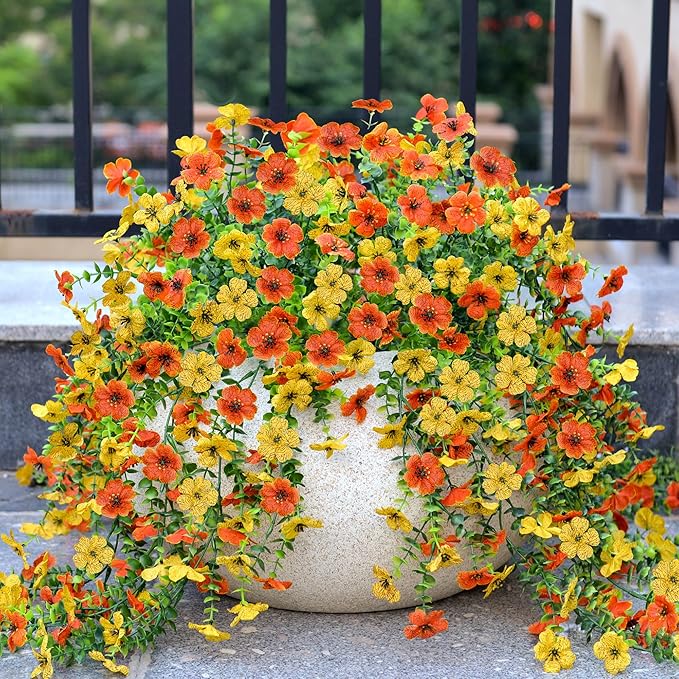 Ammyoo Artificial Hanging Flowers for Outdoors Fake Plants Decoration, 2 Packs Faux Silk Daisy Flower Realistic Outdoor Flowers UV Resistant Porch Patio Window Yard Indoor Spring Decor(Yellow Orange)