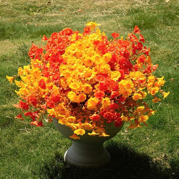 16 Bundles Fall Mums Artificial Flowers for Outdoor Decoration,Realistic Fake Plants Orange Red Petunias, UV Resistant Faux Yellow Silk Flowers for Vase Planter Front door Porch Garden (Autumn)