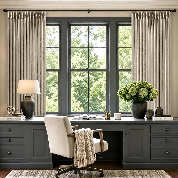 Burlywood Birch Pinch Pleated Linen Curtains 2 Panels 63 Inch for Living Dining Room Semi Sheer Memory Trained Short Pleat Drapes with Hooks Rings Farmhouse Boho Taupe Bedroom Kitchen Drapes 40W