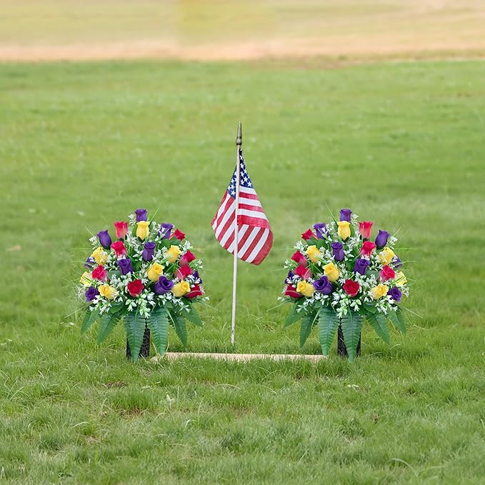 LVXINLI Artificial Cemetery Flowers, Gravesite Decoration Roses, Memorial Bouquets with Cemetery Vase, Vibrant and Long-Lasting Colors (Yellow+Purple+Brilliant Red, 2 Bundles)