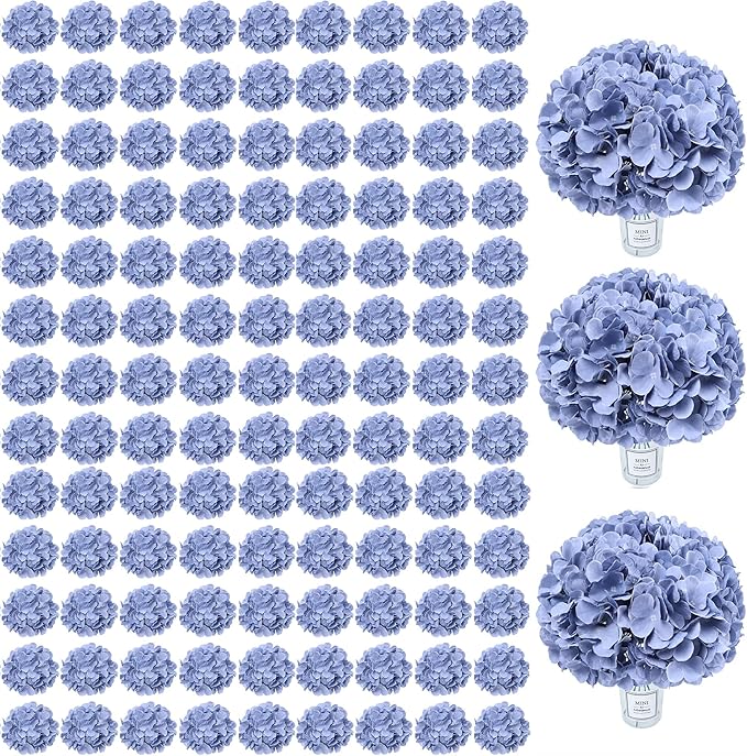 AVIVIHO 105PCS Dusty Blue Fake Flowers Hydrangea Artificial Flowers Bulk (Not Squished, No Steaming Need) Silk Flowers with Stems for Wedding Decor,Home,Baby Shower,Table Centerpieces Decoration
