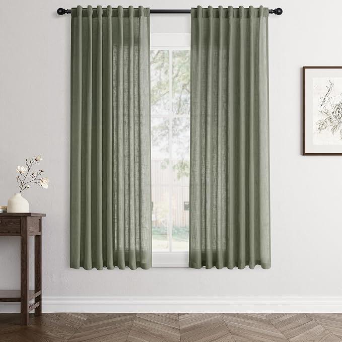 Jowels Olive Green Linen Curtains 64 Inch Long 2 Panels for Living Room | Loden Light Filtering Semi Sheer Curtain, Back Tab Pocket Pleated Look,Farmhouse Textured Privacy Drapes for Bedroom Window