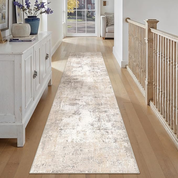 3x10 Washable Runner Rug Beige Grey Abstract Non Slip Soft Low Pile Hallway Kitchen Rug Neutral Modern Carpet for Laundry Bathroom Bedroom Living Room Home Decor