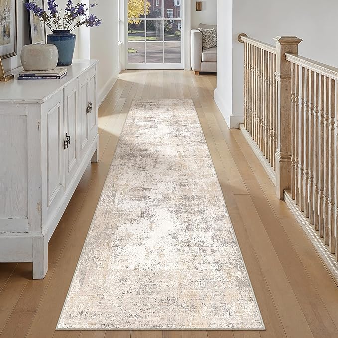 2'6x12 Washable Runner Rug Beige Grey Abstract Non Slip Soft Low Pile Hallway Kitchen Rug Neutral Modern Carpet for Laundry Bathroom Bedroom Living Room Home Decor