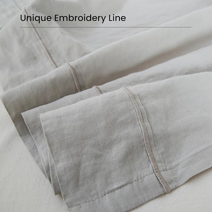100% French Linen Pillowcases with Embroidery - Pack of 2 - Washed Solid Color Natural Flax Soft Breathable - Grey, 20'' x 30''