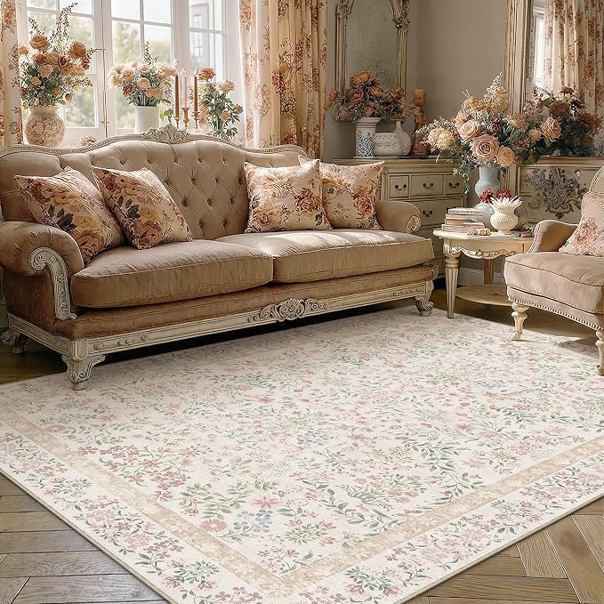 PureCozy 4x6 Pink Area Rug for Entryway Washable Vintage Floral Carpet Low Pile Non Slip Botanical Aesthetic Soft Accent Throw Rug Entrance Kitchen Bedroom Nursery Office Indoor