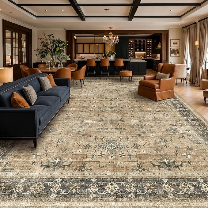 Vintage Taupe Sage 10x12 Rug for Living Room - Washable Dining Room Rugs for Under Table, Low Pile Non-Slip Carpet for Bedroom - Natural Earthy & Boho Eclectic Home Decor