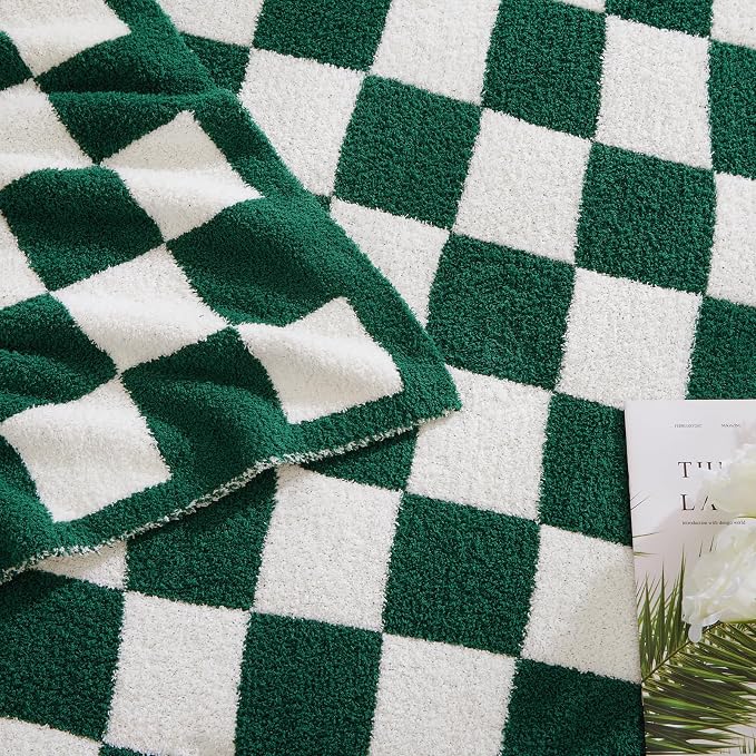 WRENSONGE Soft Twin Size Checkered Blanket for Bed-Cozy Knitted Blankets | Lightweight Fluffy Warm Decor for Women, Mom, Her & Girls, Sofa, Chair, Couch, 60x80in, Avocado Green