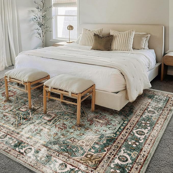 CHAMPLANT Area Rug 8'x10' Green Washable Vintage Traditional Mat Distressed Indoor Foldable Thin Retro Accent Floral Print Non Slip Carpet for Living Room Dining Room Office