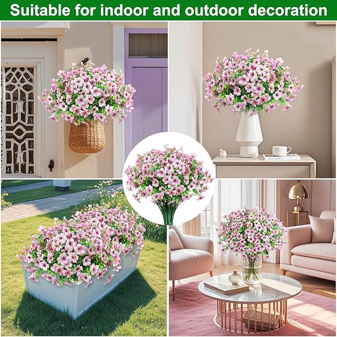 Ouddy Decor 12 Bundles Artificial Flowers for Outdoors Fake Silk Flowers UV Resistant Faux Plastic Plants for Spring Summer Garden Porch Window Box Table Vase Home Indoor Outdoor Decoration, Pink