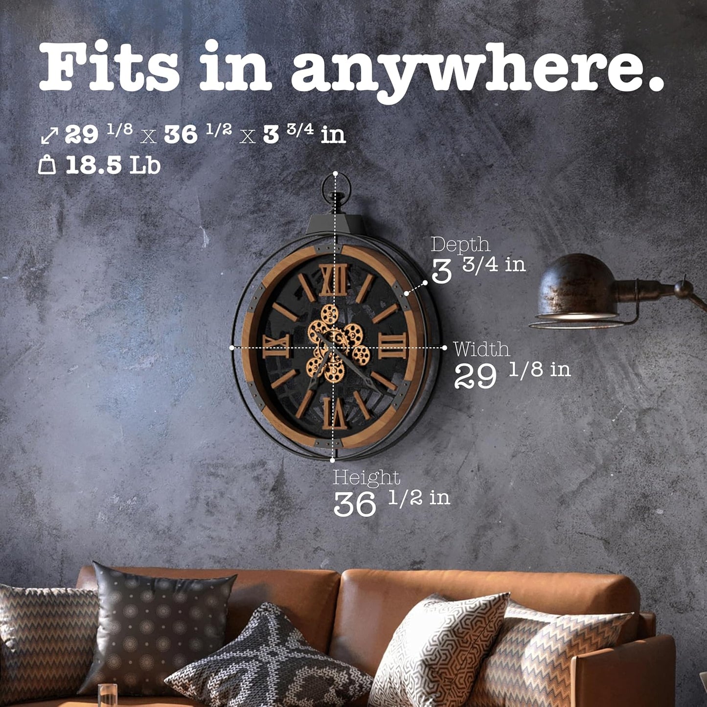 Driini 30 Inch Large Rustic Farmhouse Gear Clock with Moving Gears – Vintage Oversized Wall Clock with Iron Frame – Giant Industrial Steampunk Wall Clock for Living Room Décor (Oak)