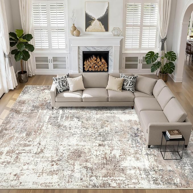 10x13 Area Rug Living Room: Washable Large Abstract Modern Soft Rugs Stain Resistant Indoor Floor Non Slip Accent Carpet for Bedroom Nursery Playroom Office Dining Room Dorm Home Decor- Brown