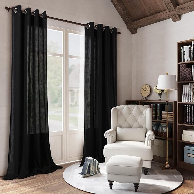 Black Linen Curtains for Bedroom Living Room 84 Inches Long 2 Panels Set Boys Room Doorway Light Filter Farmhouse Cotton Linen Drapes Semi Sheer Boho Black Window Curtains 84 Inch Length Grommet