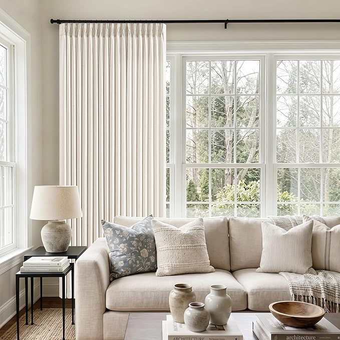 Pinch Pleated Extra Wide Natural Curtains 90 Inches Long Neutral Boho Memory Training Semi Sheer Aesthetic Large Window Curtains with Rings Back Tab Thick Linen Drapes for Patio Sliding Door 70x90