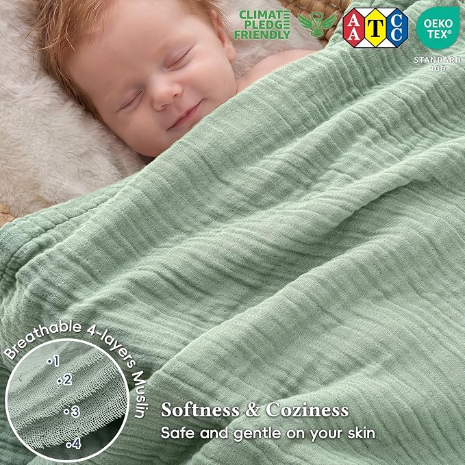 David's Home Soft Muslin Blanket Twin Size for Adults, 60% Rayon 40% Cotton, Breathable Lightweight Cooling Blanket for Hot Sleepers, 4-Layer Cozy Gauze for Bed, 66"x90", Sage Green