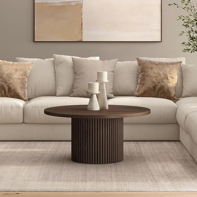 Henn&Hart 32" Fluted Round Pedestal Low-Profile Coffee Table for Living Room, Family Room, Office, or Apartment, Heritage Oak