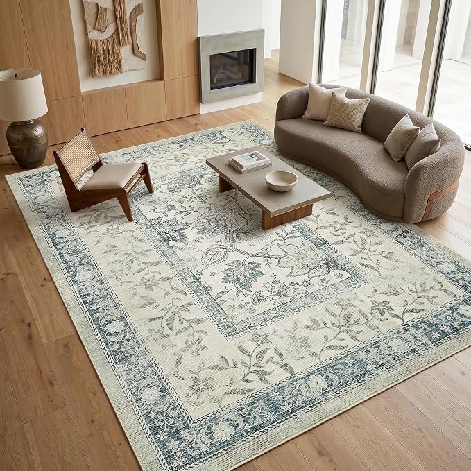 GarveeHome Vintage Blue Area Rug 8x10 for Living Room Washable Cottage Core Retro Farmhouse Low-Pile Stain Resistant Large Carpet for Bedroom Dining Room Home Office TPE Backing Indoor Decor