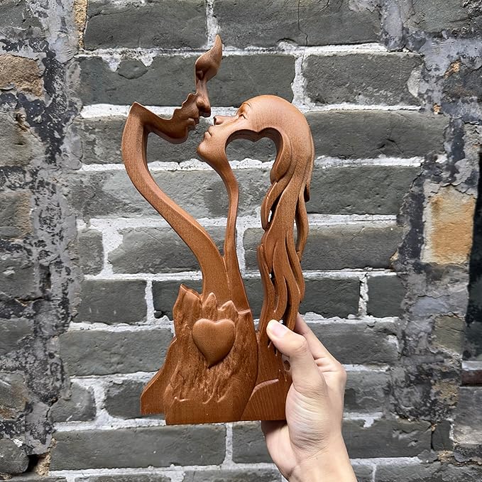 BGCOPPER Wooden Kissing Couple Ornament, Abstract Couple Portrait Sculpture Romantic Love Statue Decor Gift for Women Anniversary Valentine Wedding - 10 Inch