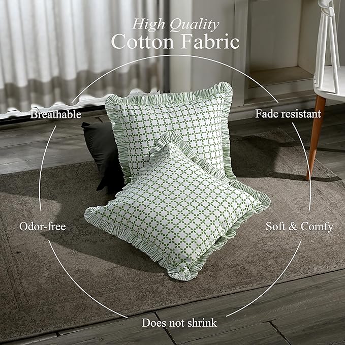 CPC Kelly Green Hand Block Print 100% Cotton Ruffle Throw Pillow Cover 24x24 inch with Hidden Zipper Decorative for Couch, Bed, Sofa, Farmhouse, Cottagecore Decor Gift Christmas Fall Thanksgiving