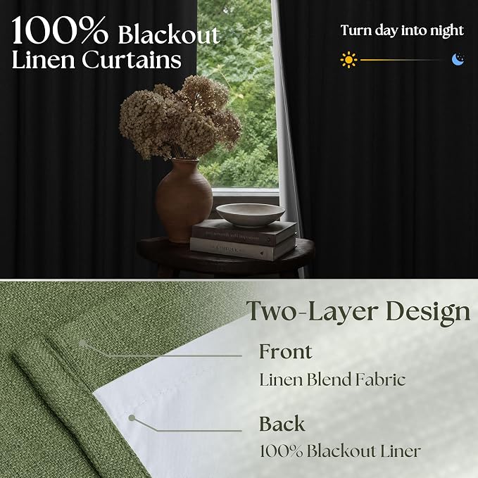 120 Inch Pinch Pleat Drapes Olive Green Room Darkening Curtains 120 Inches Long for Bedroom Rustic Cottagecore 100% Blackout Thick Linen Double Layer Pleated Curtain 2 Panels Set Loden Green Decor