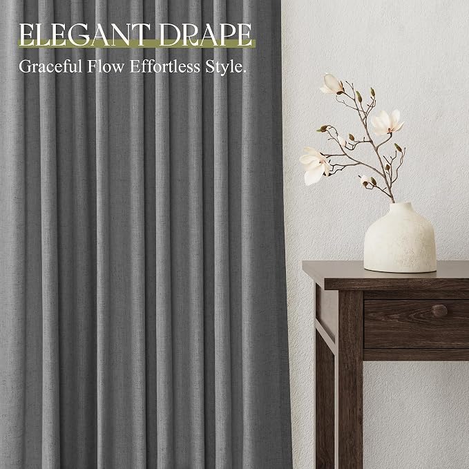 Jowels Dark Grey Linen Curtains 96 Inch Long 2 Panels for Living Room | Light Filtering Semi Sheer Curtain, Back Tab Pocket Pleated Look, Boho Farmhouse Textured Privacy Drapes for Bedroom Window