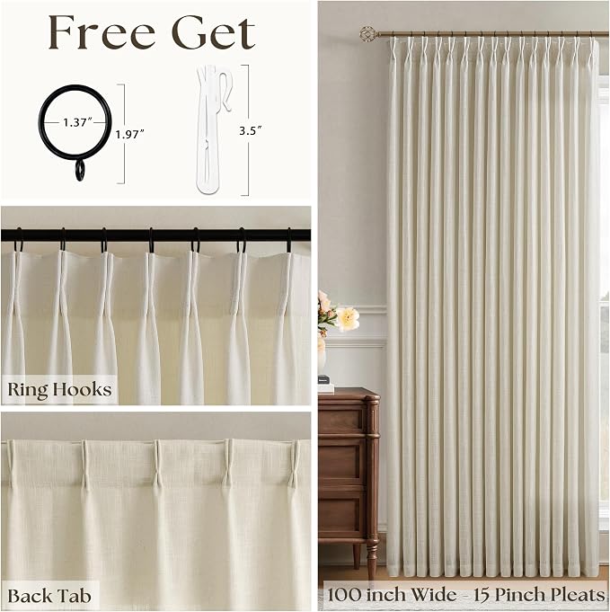 100 Inch Width 102 Inch Long Curtains Extra Wide Pinch Pleat Linen Curtains for Living Room Beige Tan Oatmeal Light Filtering Privacy Pleated Hooks Rings Back Tab for Sliding Glass Door 1 Panel
