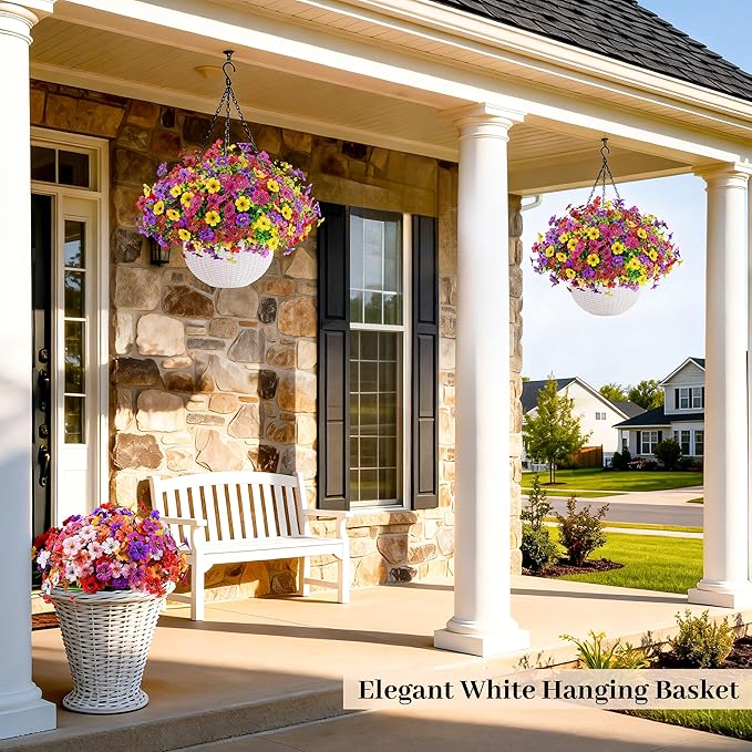 Der Rose Artificial Hanging Flowers Basket for Faux Plants Outdoors UV Resistant Fake Hanging Spring Flowers in Basket for Patio Balcony Farmhouse Outside Decor