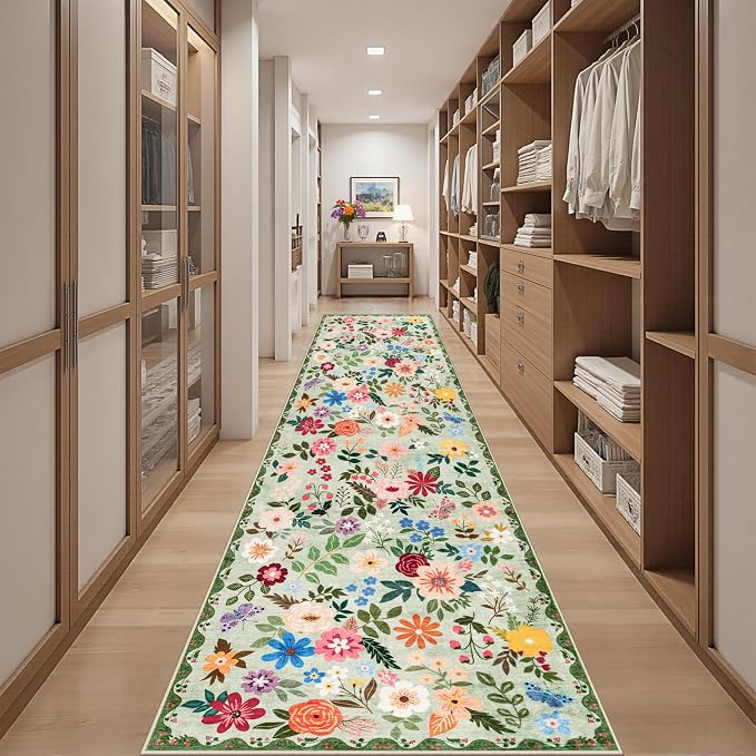 Runner Rug for Entryway: 2.6x14 Kitchen Rugs Non Slip Washable Ultra-Thin Soft Floral Carpet Indoor Floor Stain Resistant Carpets for Hallway Bedroom Kitchen Laundry Bathroom Dorm Green