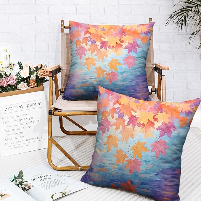 Fall Pillow Covers Maple Leaves Thorw Pillow Covers 18x18 Set of 2 Autumn Maple Leaf Teal Pillowcase Double Sided Printing Cushion Case for Home Decor Couch Sofa