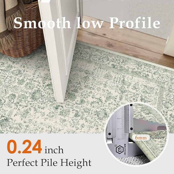PureCozy Sage Green Area Rug 8x10 Living Room Washable Carpet Vintage Distressed Non Slip Bedroom Carpet Neutral Low Pile Retro Floral Farmhouse Large Rug Home Office Dining Room Playroom