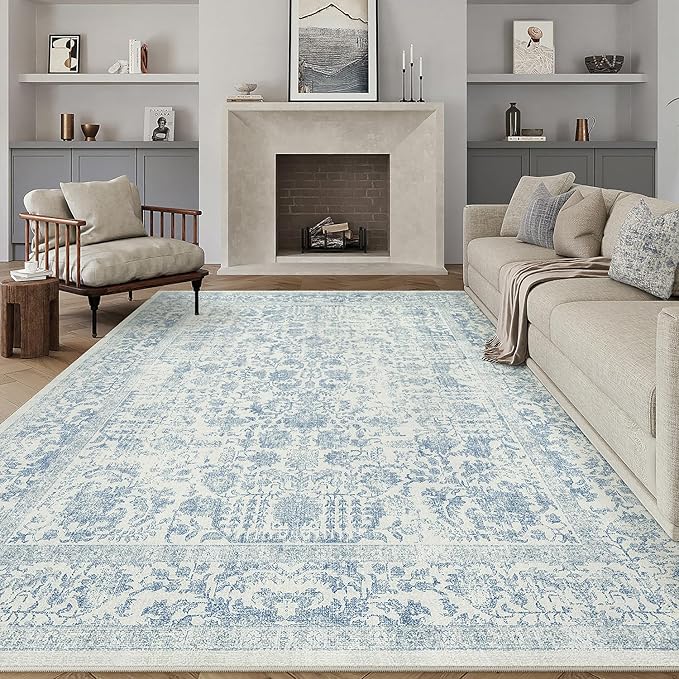 PureCozy Blue Area Rug 8x10 Machine Washable Large Vintage Living Room Distressed Non Slip Carpet Traditional Indoor Bedroom Retro Floral Accent Throw Rug for Office Kitchen Dining Room