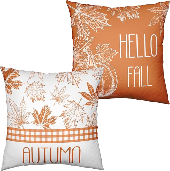 Hello Fall Pillow Covers Burnt Orange Maple Leaves Pumpkin Throw Pillow Covers 22x22 Set of 2 Autumn Pillowcase Double Sided Printing Cushion Case for Home Decor Couch Sofa