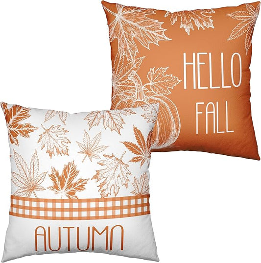 Hello Fall Pillow Covers Burnt Orange Maple Leaves Pumpkin Throw Pillow Covers 16x16 Set of 2 Autumn Pillowcase Double Sided Printing Cushion Case for Home Decor Couch Sofa