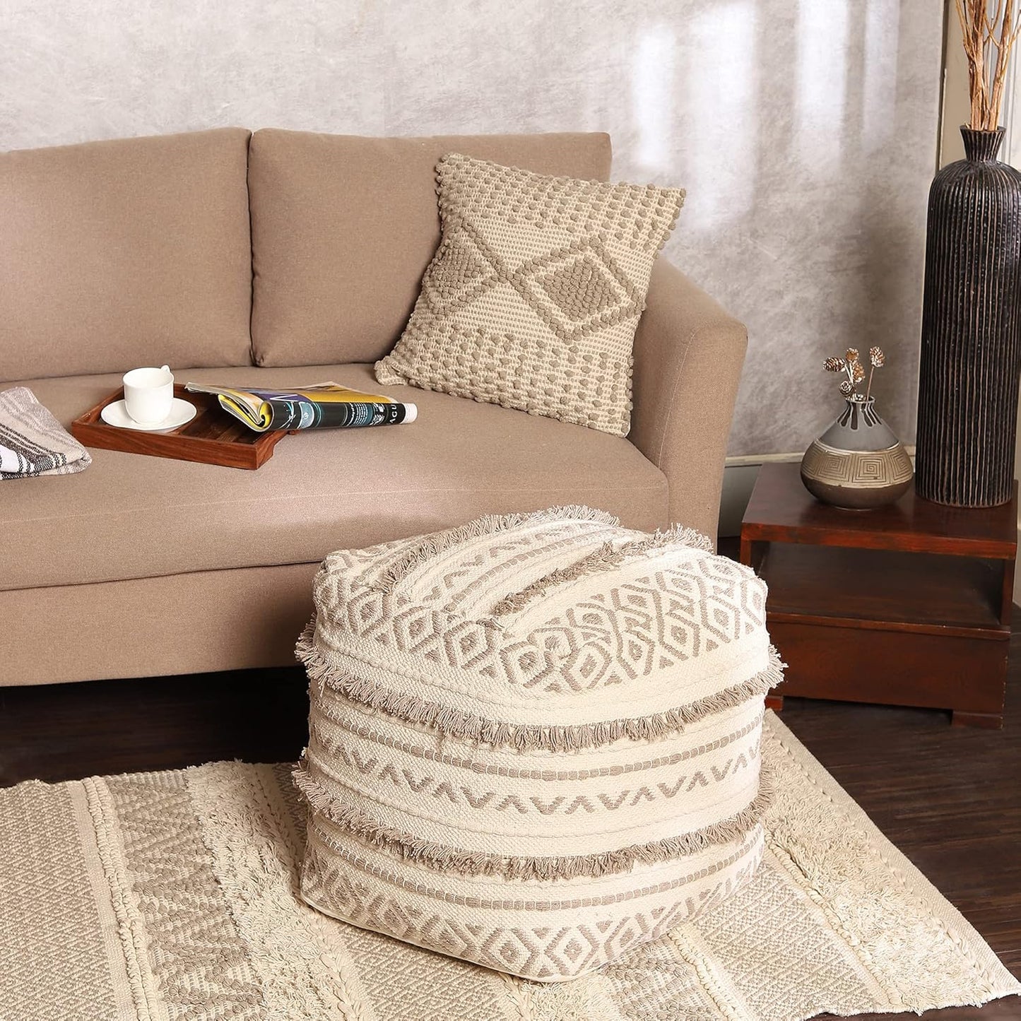 REDEARTH · Tufted Pouf Ottoman with Filler Textured Storage Cube Bean Bag Pouffe Footrest for Living Room, Bedroom, Nursery, Kidsroom; 100% Cotton (17.5"X17.5"X17.5", Geometric Craft Taupe)