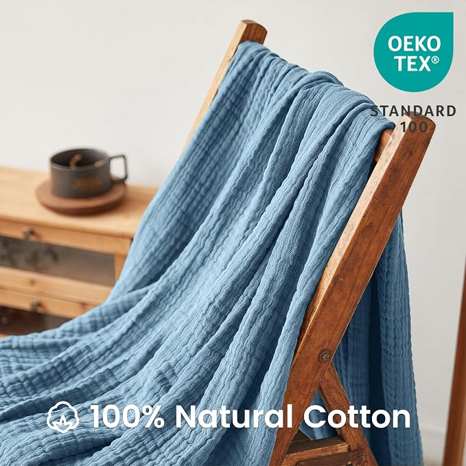 FALUCA Cotton Muslin Throw Blanket 50x60 Inches for Bed, Couch, Knit Woven Gauze Blanket, Soft Lightweight Cozy Breathable Farmhouse Decoration for All-Season, Dusty Blue