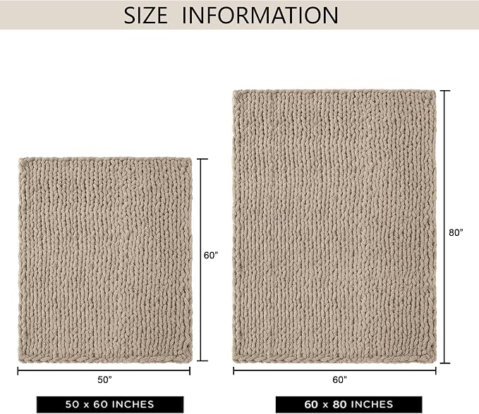 Chunky Knit Throw Blanket 60x80, 100% Handmade Chenille Yarn | 6.7lbs Soft Thick Cable Knitted Blankets, Large Rope Knot Crochet Throws for Couch Sofa Bed Machine Washable, Taupe