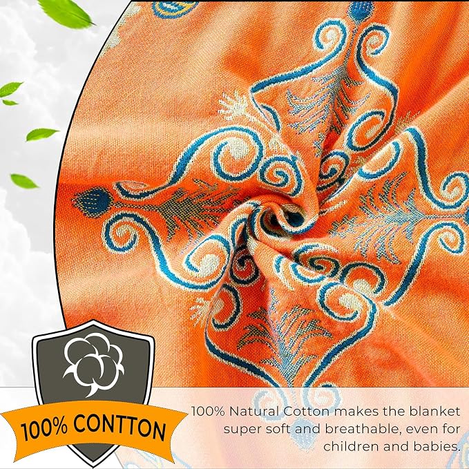 Summer Throw Blanket for Couch Bed Chair,100% Cotton 4-Layer Gauze Soft Lightweight Blanket Rustic Muslin Quilt -Orange Floral Farmhouse Decor Bed All Season Blankets,60"×80"