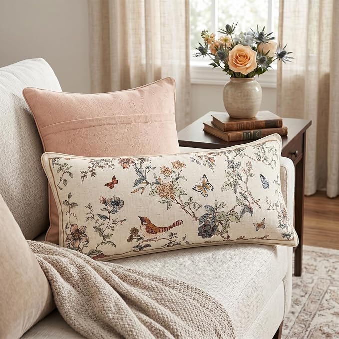 ISAENNE Designer Linen Throw Pillow Cover,Set of 2,28"x12"-Cornucopia A | Elegant French Rectangle Pillow Cover,Concealed Zipper,Floral and Bird Pattern,Sofas,Bedroom,Living Room,Lounge Chairs