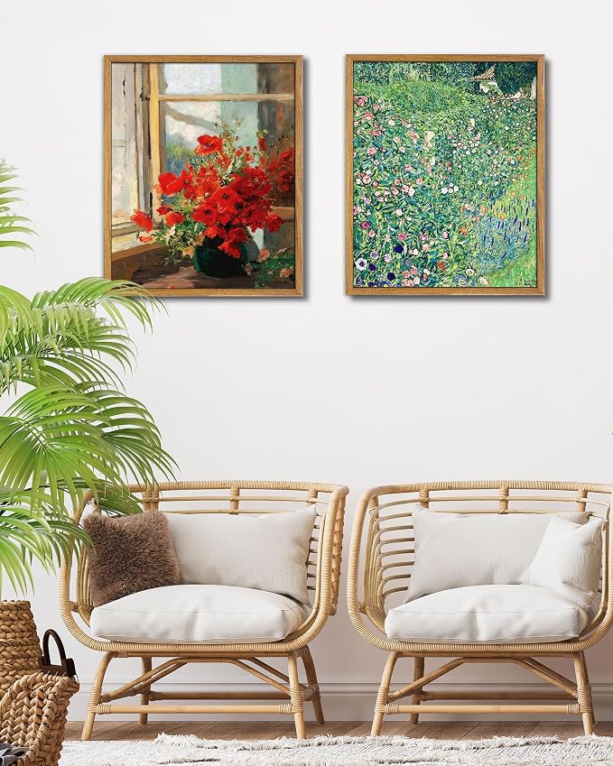 UPWOIGH 16x24 Framed Gustav Klimt Botanical Wall Art | Green Botanical Oil Painting, Vintage Italian Garden Style, Retro Moody Décor, Living Room Bedroom Accent
