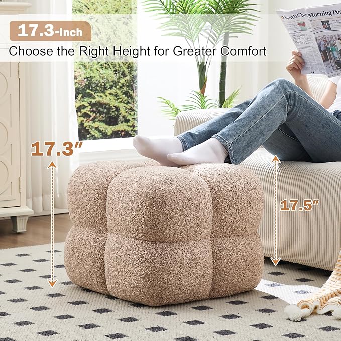 Zesthouse Square Pouf Ottoman Set of 2, Modern Backless Vanity Chair for Bedroom, Tan Fuzzy Foot Rest for Couch, Upholstered Tufted Footstool, Sherpa Fabric Ottoman Coffee Table for Living Room