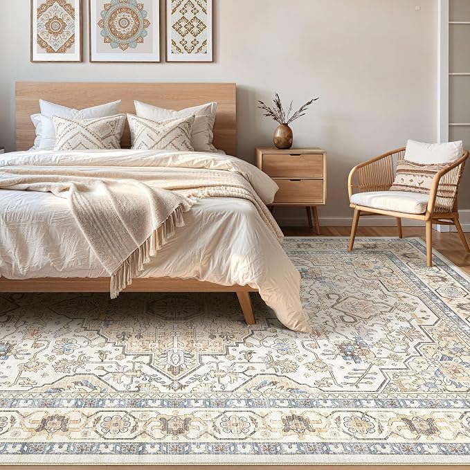 7x9 Area Rug Living Room: Washable Boho Large Neutral Vintage Soft Rug Stain Resistant Farmhouse Non-Slip Indoor Floor Carpet for Bedroom Nursery Kids Playroom Office Dining Room- Sand Blue