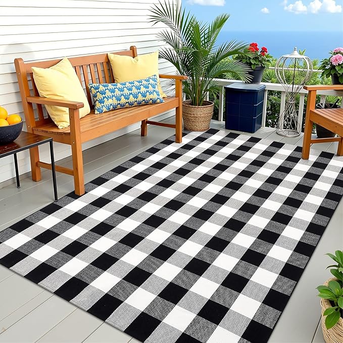 OLANLY Buffalo Plaid Rug 4' x 6' – Black and White Cotton Checkered Doormat, Washable Indoor Outdoor Rug for Layered Front Porch, Kitchen, Entryway Decor